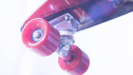 Skate board and wheels, axle and bearings in skates store on display in shop window on sale new and shiny.の写真素材