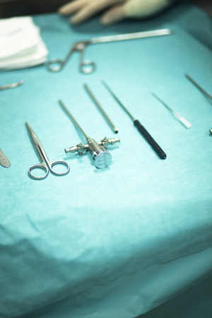 Surgery instrumentation in emergency room operating theater operation with instruments for the surgeon and knee procedure.の写真素材