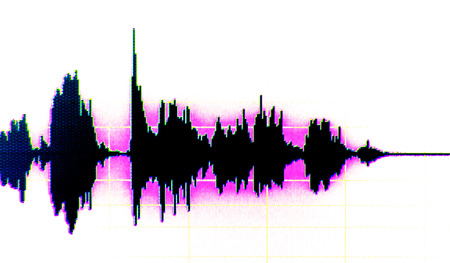 Sound recording studio audio wave on computer screen in professional editing program for voice,...
