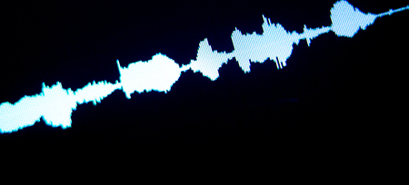 Sound recording studio audio wave on computer screen in professional editing program for voice, vocal, dj deejay musical mixingの写真素材