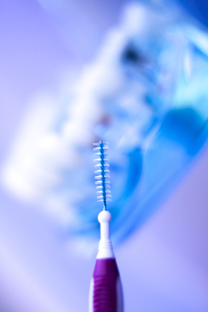 Dental teeth orthodontic dentistry teachng model with gums, tooth enamel, plaque, roots and metal implants.の写真素材