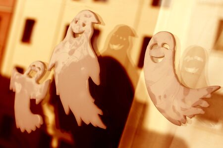 Halloween chidren's party toy ghost levitating flying in the air.