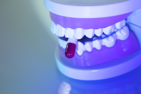 Dental teeth, mouth, gums dentists teaching model showing each tooth and medication drug pill.の写真素材