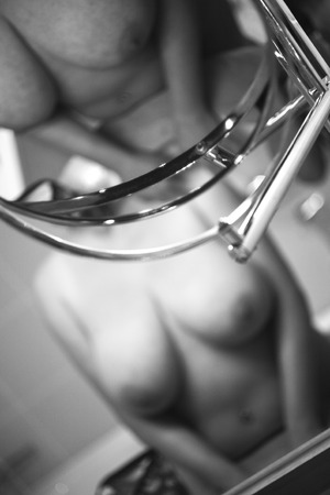 Sexy and erotic busty big naked breast sensual lady in seductive hot posing nude session in bathroom.の写真素材