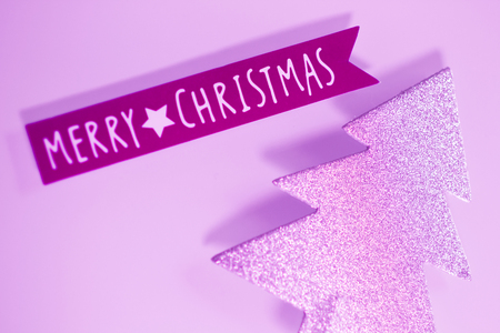 Xmas fir tree decoration miniature model Merry Christmas tag.の写真素材