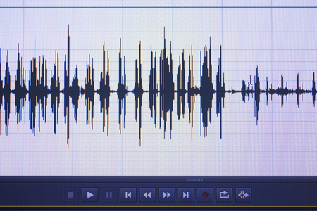 Audio sound wave studio editing computer program screen showings sounds on screen from vocal...