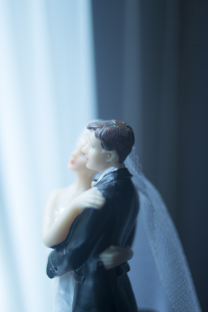 Wedding couple marriage cake topper plastic figures with tuxedo evening suit, white wedding dress veil.の写真素材