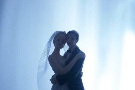 Wedding couple marriage cake topper plastic figures with tuxedo evening suit, white weddding dress veil.の写真素材