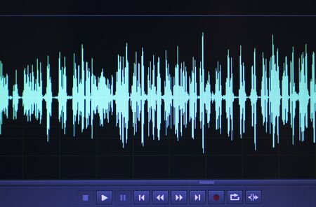 Audio sound wave studio editing computer program screen showings sounds on screen from vocal...