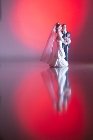 Wedding couple marriage cake topper plastic figures with tuxedo evening suit, white weddding dress veil.の写真素材