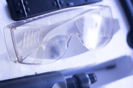 Soft air gun toy plastic weapon box set new and protective goggles.の写真素材