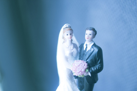 Wedding couple marriage cake topper plastic figures with tuxedo evening suit, white weddding dress veil.の写真素材