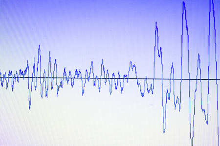 Audio sound wave studio editing computer program screen showings sounds on screen from vocal recording of voiceover.の写真素材
