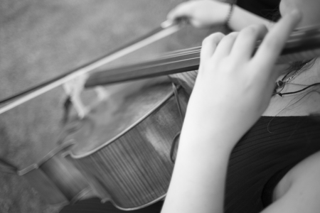 Musicians group playing wedding music during outdoors marriage reception in luxury hotel garden.の写真素材