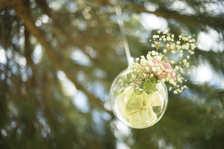 Beautiful flowers in luxury five star hotel wedding marriage outdoor garden party before guests arrive.の写真素材