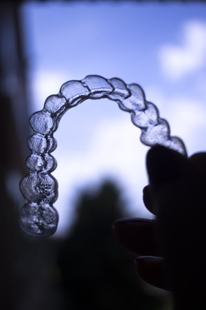 Invisible clear dental teeth aligner straighteners for orthodontic dentists treatment as modern aesthetic brackets.の写真素材