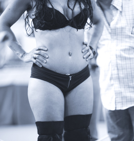 Sexy busty big breasts female model posing in sensuous erotic lingerie underwear.の写真素材