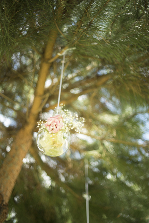 Beautiful flowers in luxury five star hotel wedding marriage outdoor garden party before guests arrive.の写真素材