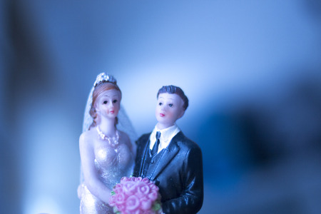 Wedding couple marriage cake topper plastic figures with tuxedo evening suit, white weddding dress veil.の写真素材