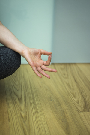 Female instructor yoga teacher teaching asana pose with mudra hand posture.の写真素材