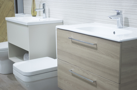 Bathroom tap sink showroom display of new design option for home building improvement works.の写真素材