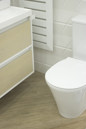 Bathroom showroom display of new design option for toilet home building improvement lavatory works.