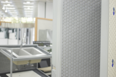 Kitchen bathroom tiles showroom display of new tiling option for floors and walls for home building improvement works.の写真素材