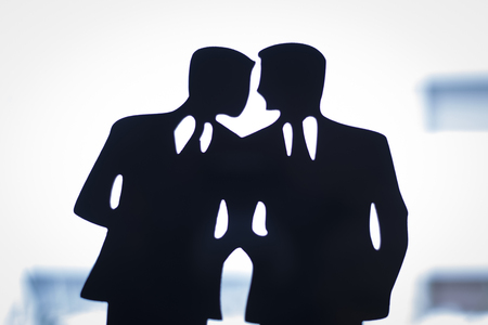 LGBT wedding couple grooms wearing matching evening suits dinner jackets silhouette cake topper.