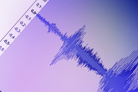 Audio sound wave studio editing computer program screen showings sounds on screen from vocal recording of voiceover.の写真素材
