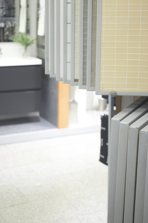 Kitchen bathroom tiles showroom display of new tiling option for floors and walls for home building improvement works.の写真素材