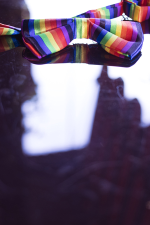 Gay lesbian LGBT rights homosexual pride flag bow tie with rainbow mutlicolor design.の写真素材
