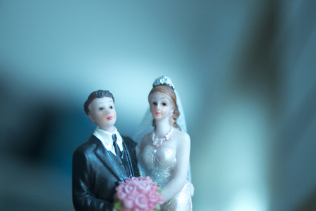 Wedding couple marriage cake topper plastic figures with tuxedo evening suit, white weddding dress veil.の写真素材