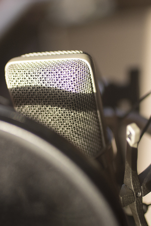 Sound recording studio large diaphragm voice microphone for voiceover, singing and instruments.の写真素材