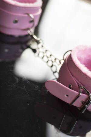 Leather bondage s&m handcuff restraints for kinky adult sexy domination games.の写真素材
