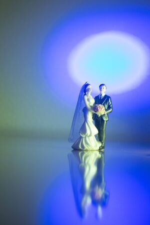 Wedding couple marriage cake topper plastic figures with tuxedo evening suit, white weddding dress veil.の写真素材
