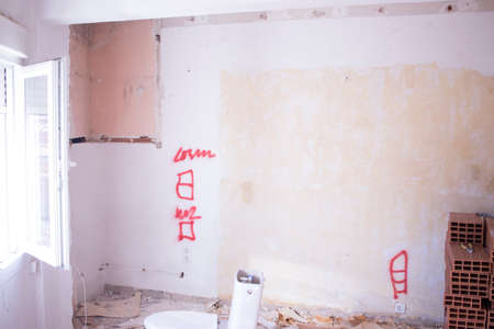 Building renovation works in appartment  renovation works in appartment showing refurbishments works by builders to renovate walls.の写真素材