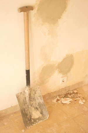 Building renovation works in appartment showing refurbishments works by builders to renovate walls.の写真素材