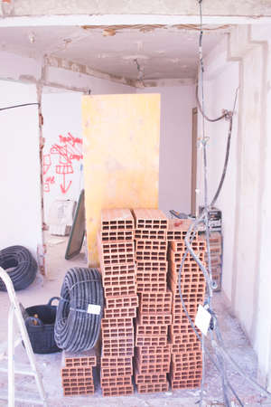 Building renovation works in appartment  renovation works in appartment showing refurbishments works by builders to renovate walls.の写真素材