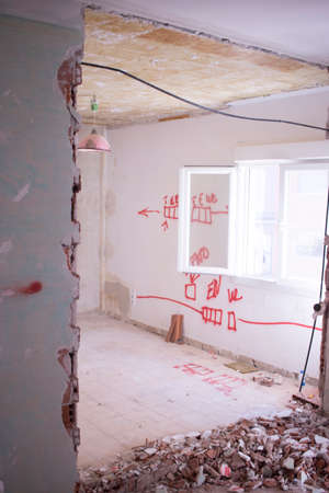 Building renovation works in appartment  renovation works in appartment showing refurbishments works by builders to renovate walls.の写真素材