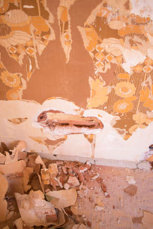 Building renovation works in appartment showing refurbishments works by builders to renovate walls.の写真素材