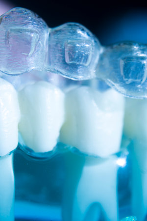 Modern invisible brackets aligner straighterners used to correct alignment on teeth by dentists.