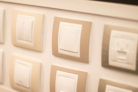 Store socket and switch display of productrs on sale on wall demonstration models for customersの写真素材