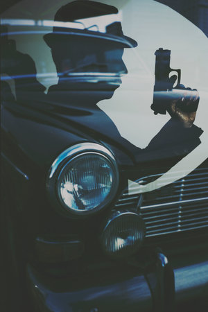 Spy thriller book cover design with man holding pistol gun.