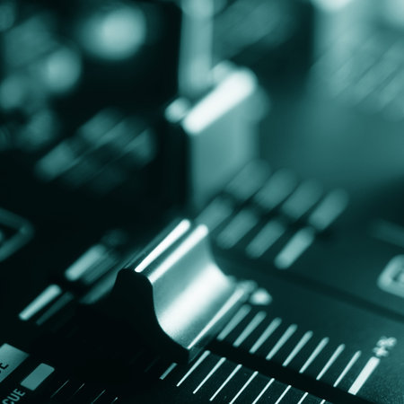 Dj nightclub deejay mixing desk house music on turntables party square album cover design.の写真素材