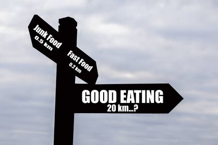 Sign for food and drink - hard to find good food, easy to find junk food の写真素材