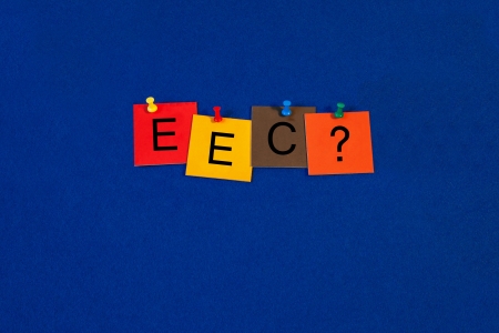 EEC - Eurosceptic ...? Business terms sign series, tiles and letters on noticeboard with pins.の写真素材