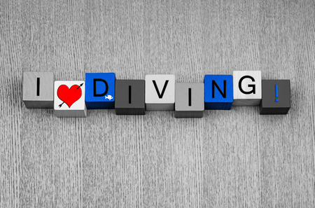 I Love Diving, sign for diving, scuba, high or pool, with small fish icon.の写真素材