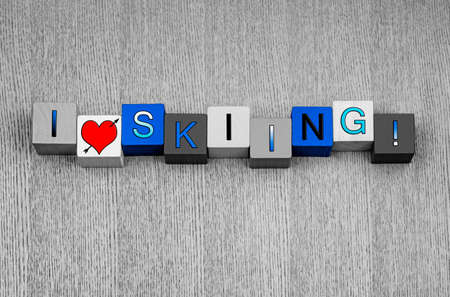 I Love Skiing, sign for winter sports, with heart symbol.の写真素材