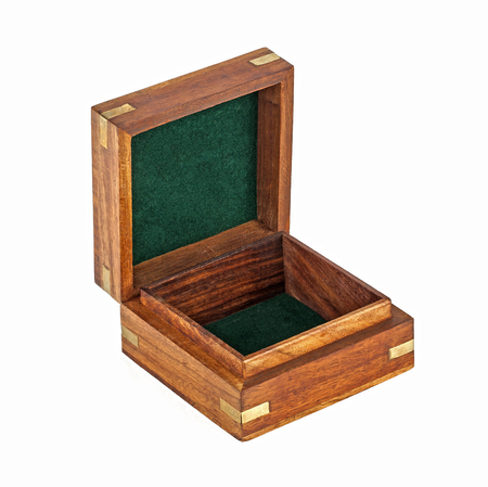Wooden treasure box with hinged lid open, green velvet interior and gold trim, isolated on white background.の写真素材
