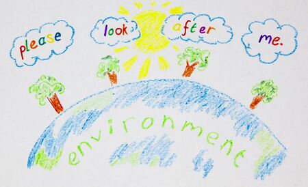 Child's wax crayon drawing for environment and education, green issues.の写真素材